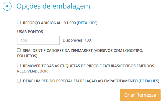 Janela de opções da remessa na ZenMarket com campo para inserir ZenPontos