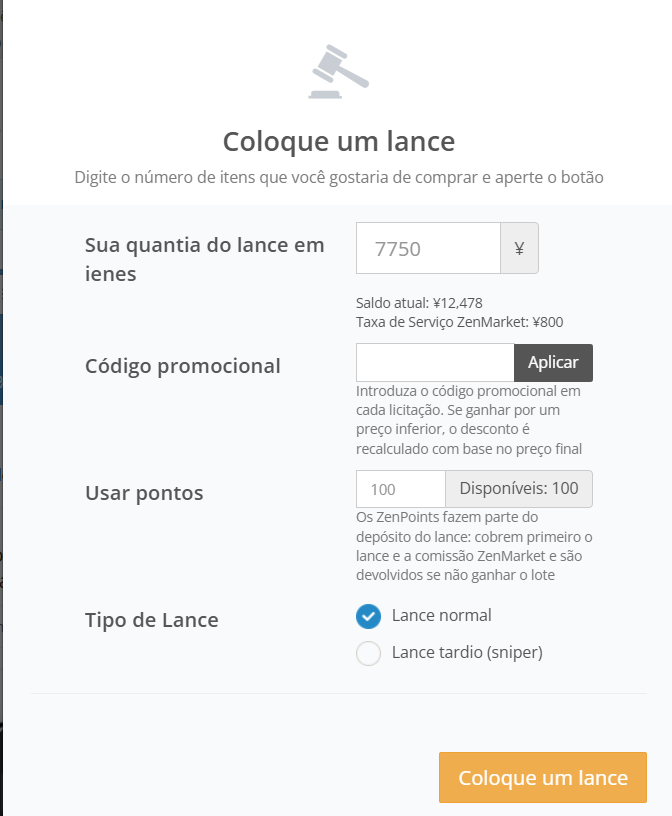 Janela para dar um lance em leilões na ZenMarket