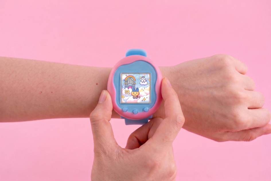 Modern Tamagotchi worn on wrist.