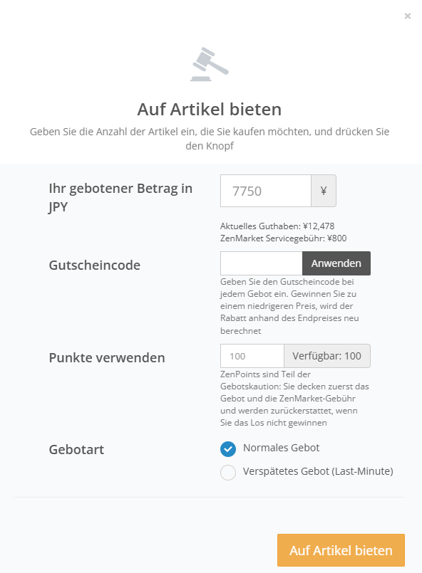 Gebotsfenster für ZenMarket-Auktionen