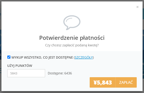 Okno wyboru liczby ZenPointów do wykorzystania podczas płatności za produkty