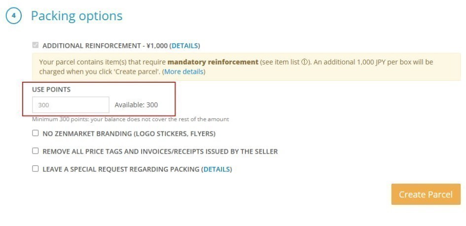 ZenMarket Parcel options dialog with ZenPoints input