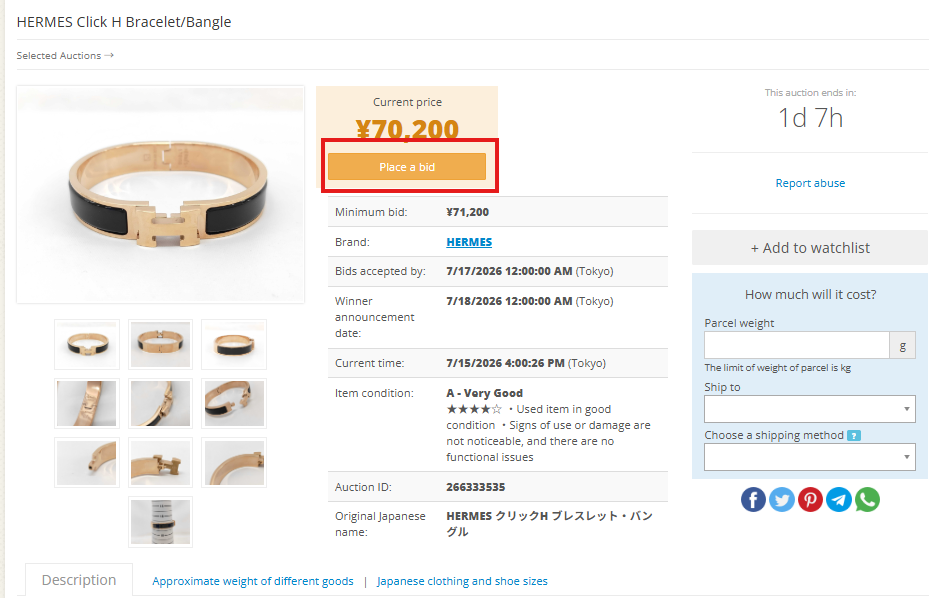 Descripciones e información de una pulsera Hermes en Selected Auctions