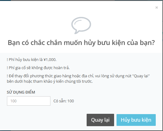 Hộp thoại hủy kiện h&agrave;ng của ZenMarket