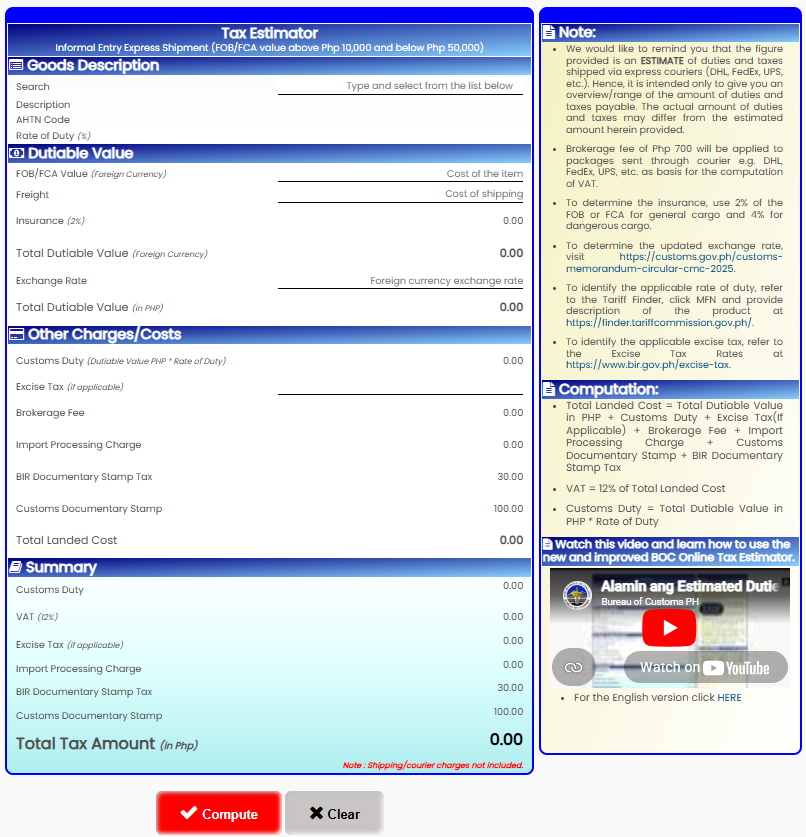 A screenshot of the total customs fees using the tax calculator. Screenshot courtesy of the Philippines’ Bureau of Customs.