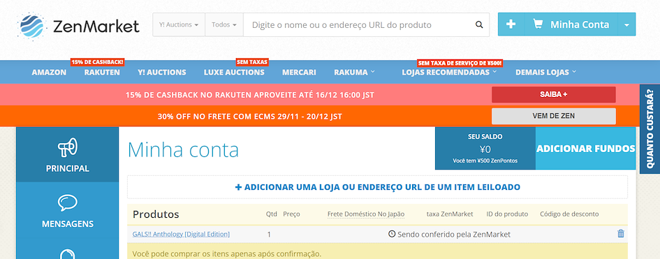 tela principal da conta ZenMarket