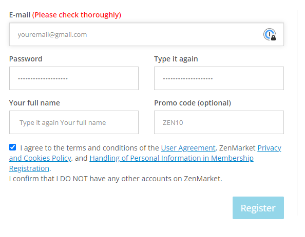 Formulario de registro en ZenMarket con el código promocional ZEN10