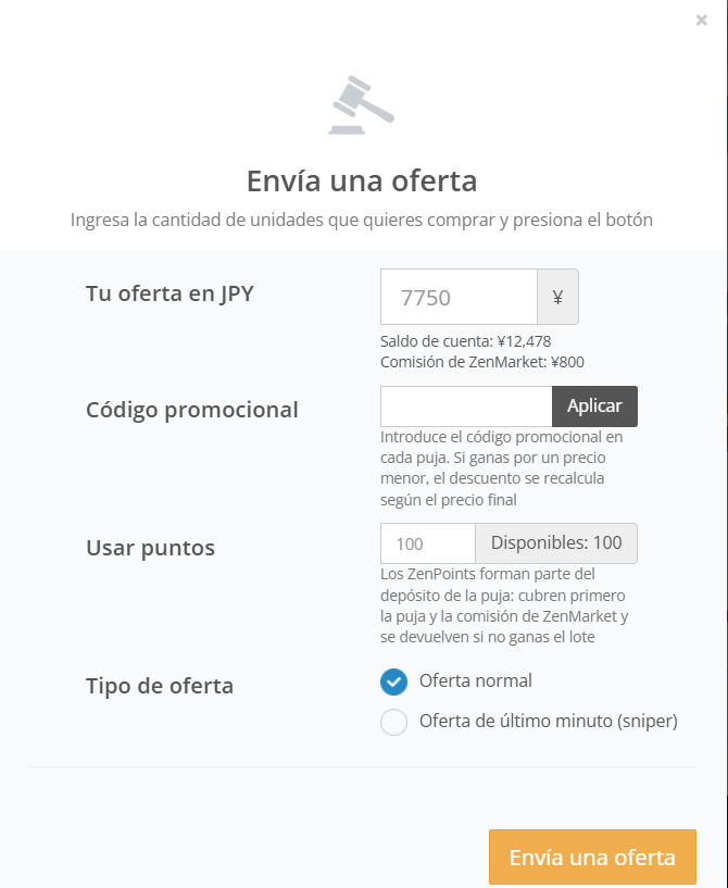 Ventana para pujar en subastas de ZenMarket