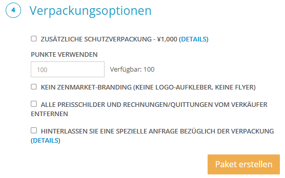 Paketoptionen bei ZenMarket mit Eingabefeld für ZenPoints