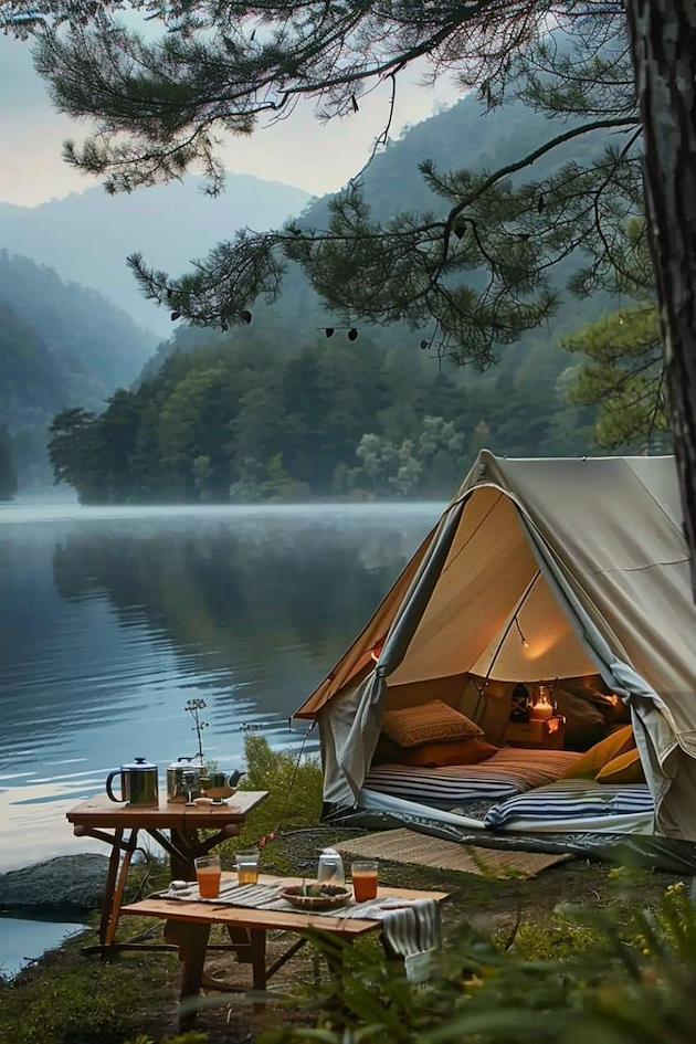 camping na frente do lago