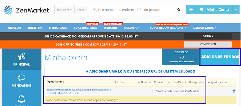 Detalhes da compra no site da ZenMarket