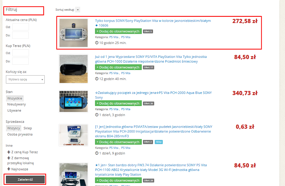 Lista produktów do licytacji na zenmarket
