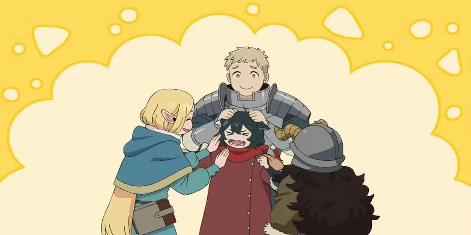Izutsumi being petted by her Delicious in Dungeon Party