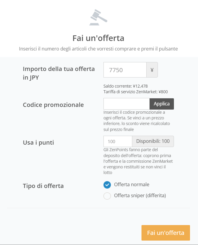 Finestra per fare offerte nelle aste di ZenMarket
