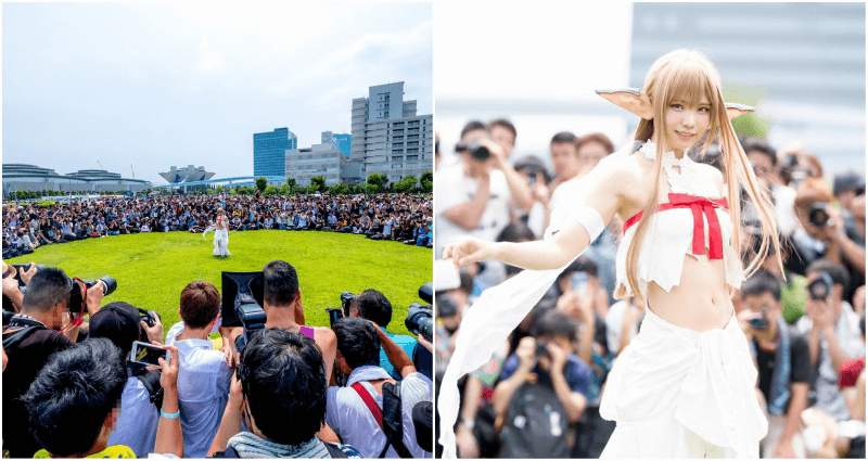 A cosplayer of asuna's photo being taken by hundreds of people