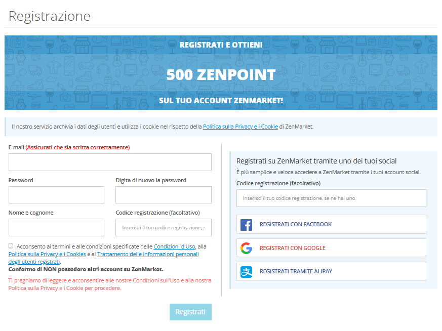 Homepage di ZenMarket con highlight bottone di registrazione