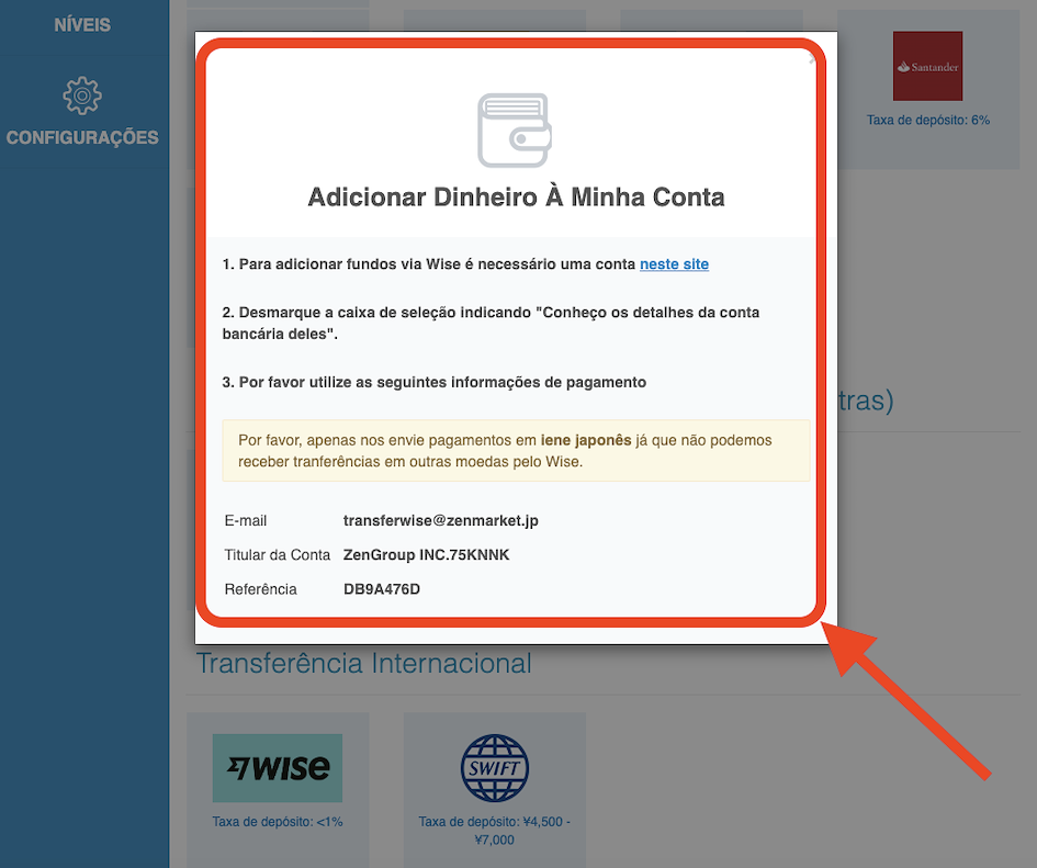 Adicionando fundos à ZenMarket com Wise