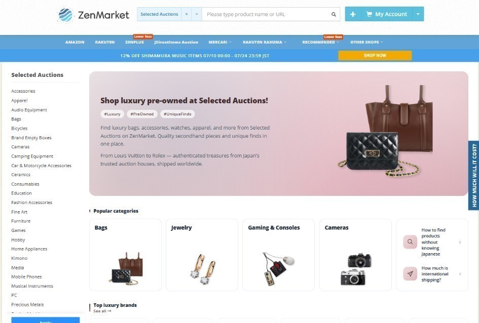 Sección de Selected Auctions en ZenMarket