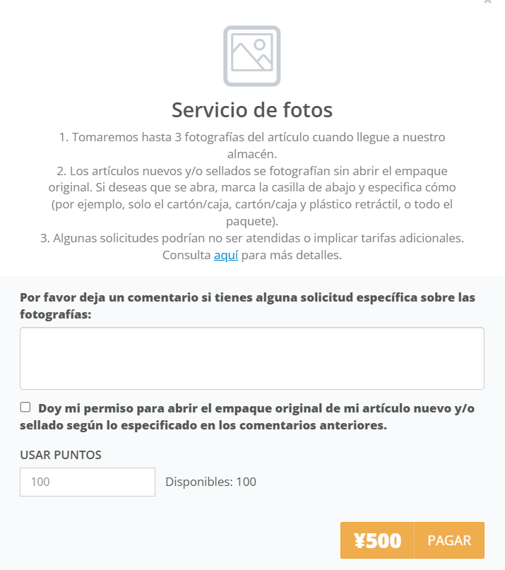 Opciones del paquete en ZenMarket con campo para ingresar ZenPoints