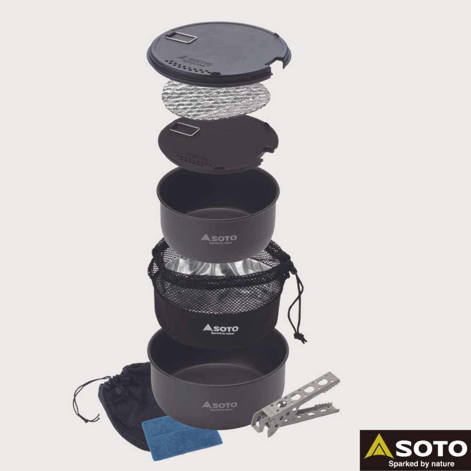 Set de cuisine camping SOTO compact et empilable avec popotes, idéal pour équipement léger en festival