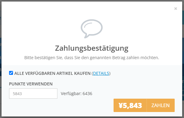 Auswahl der ZenPoints im Zahlungsfenster für Artikelkäufe