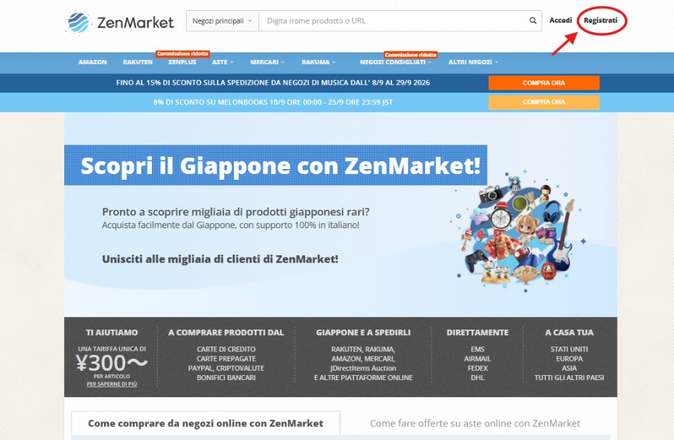 Homepage di ZenMarket con highlight bottone di registrazione
