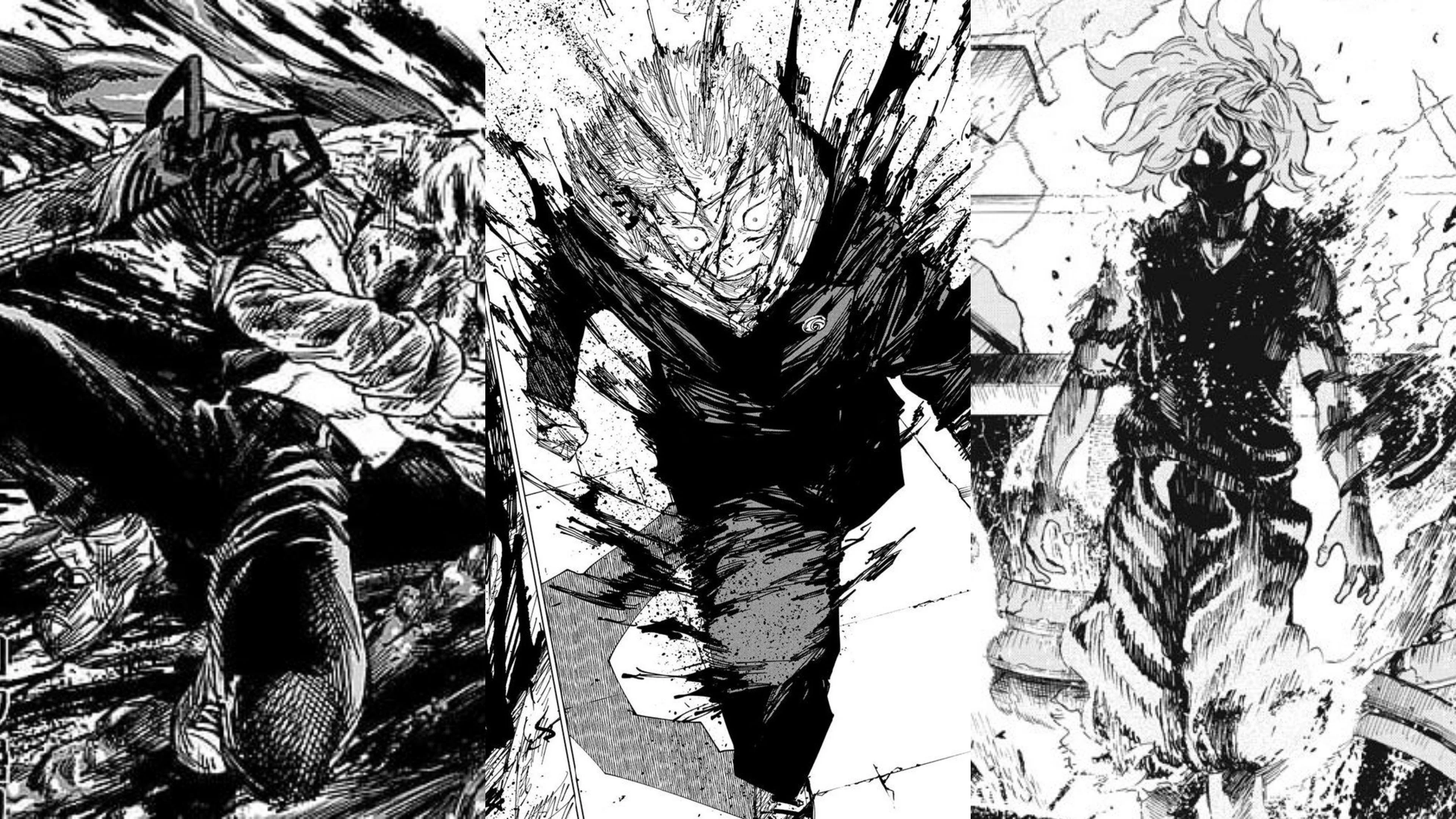 Tre vignette manga del Dark Shonen Trio Chainsaw Man, Jujutsu Kaisen, Hell's Paradise