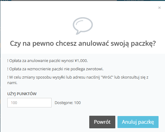 Okno anulowania paczki w ZenMarket