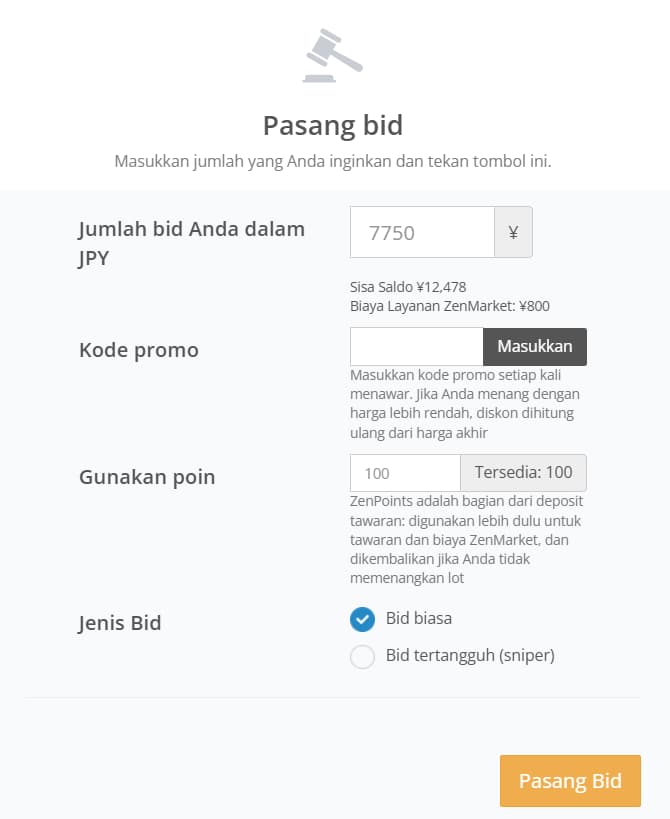 Jendela penawaran lelang ZenMarket