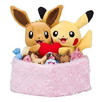 pikachu and eevee holding a heart plushie valentines