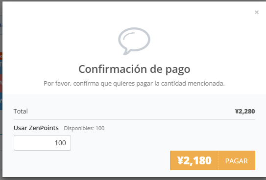 Ventana para seleccionar ZenPoints al pagar productos