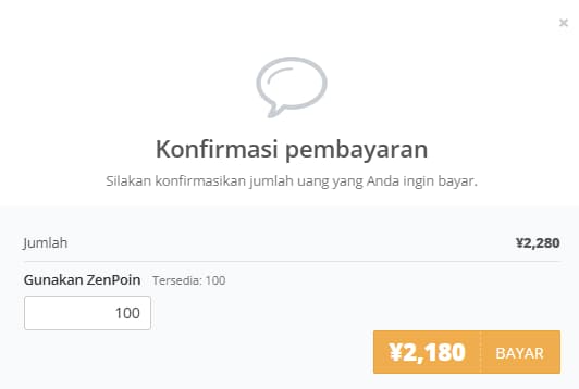 Dialog pemilihan ZenPoints untuk pembelian produk