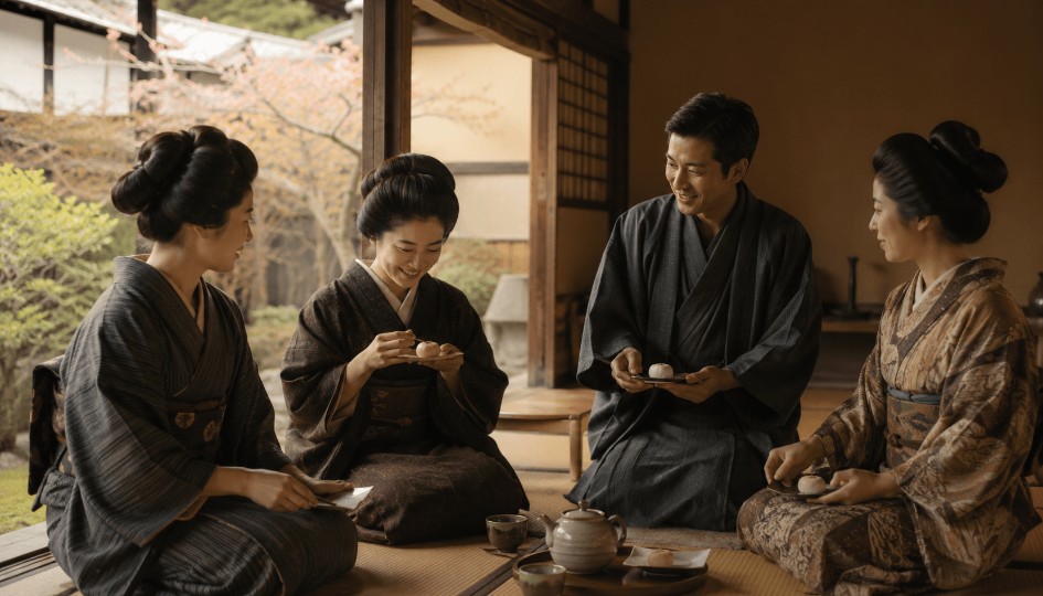 japonczycy jedza wagashi i rozmawiaja