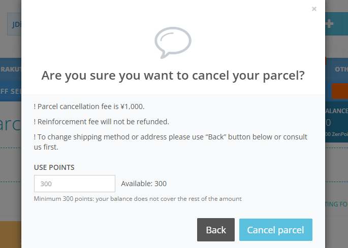ZenMarket parcel cancellation dialog