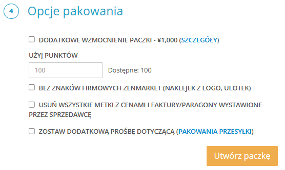Okno opcji paczki w ZenMarket z polem do wpisania liczby ZenPointów