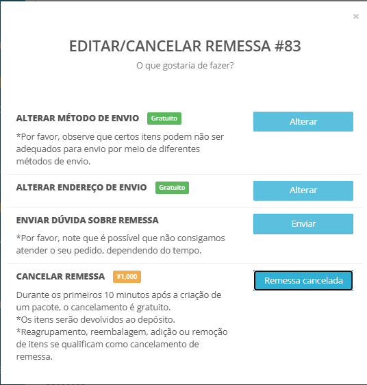 Janela de cancelamento de remessa na ZenMarket