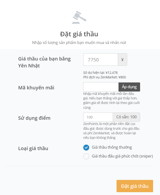 Hộp thoại đặt gi&aacute; đấu gi&aacute; tr&ecirc;n ZenMarket