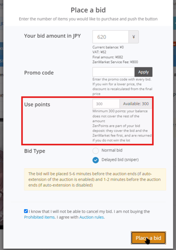 ZenMarket Auctions bidding dialog