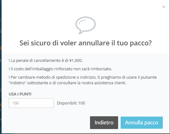 Finestra di annullamento del pacco su ZenMarket