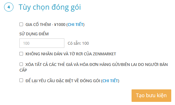 Hộp thoại t&ugrave;y chọn kiện h&agrave;ng của ZenMarket c&oacute; &ocirc; nhập ZenPoints