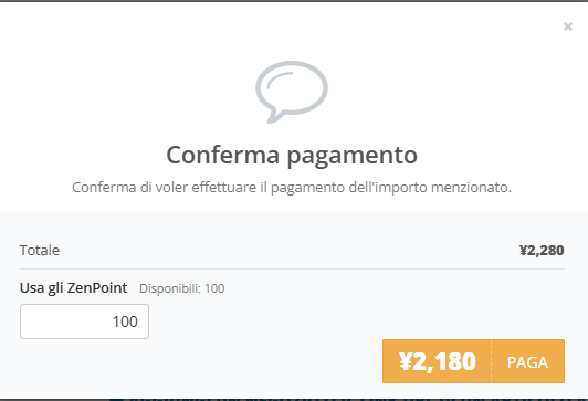 Finestra di selezione degli ZenPoint per il pagamento degli acquisti di prodotti