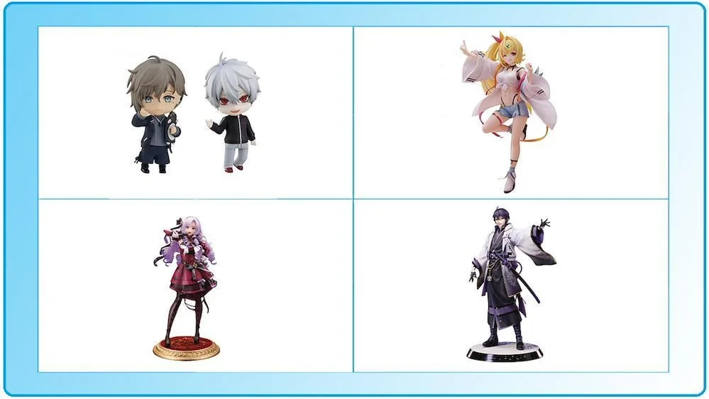 Ejemplos de figuras de Nijisanji: figuras completas, Nendoroids y figuras de lotería.