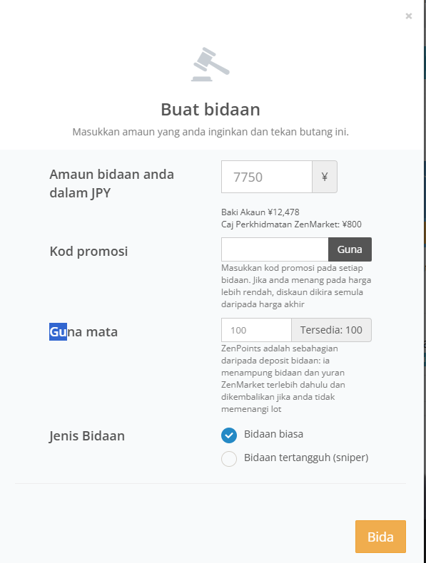Tetingkap bidaan lelongan ZenMarket