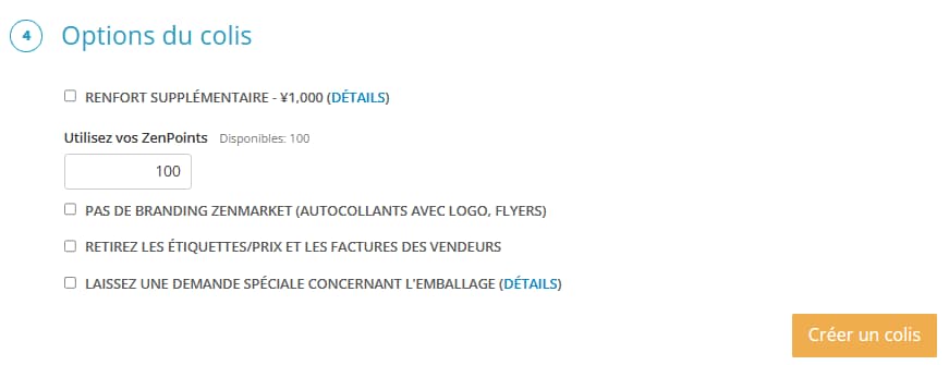 Fenêtre des options du colis ZenMarket avec le champ de saisie des ZenPoints