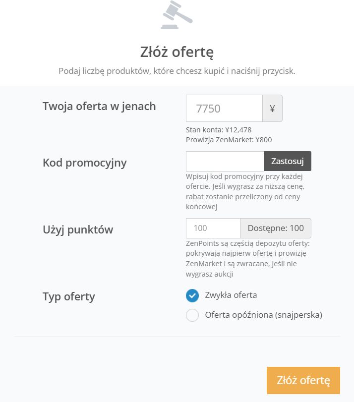 Okno składania ofert na aukcjach ZenMarket