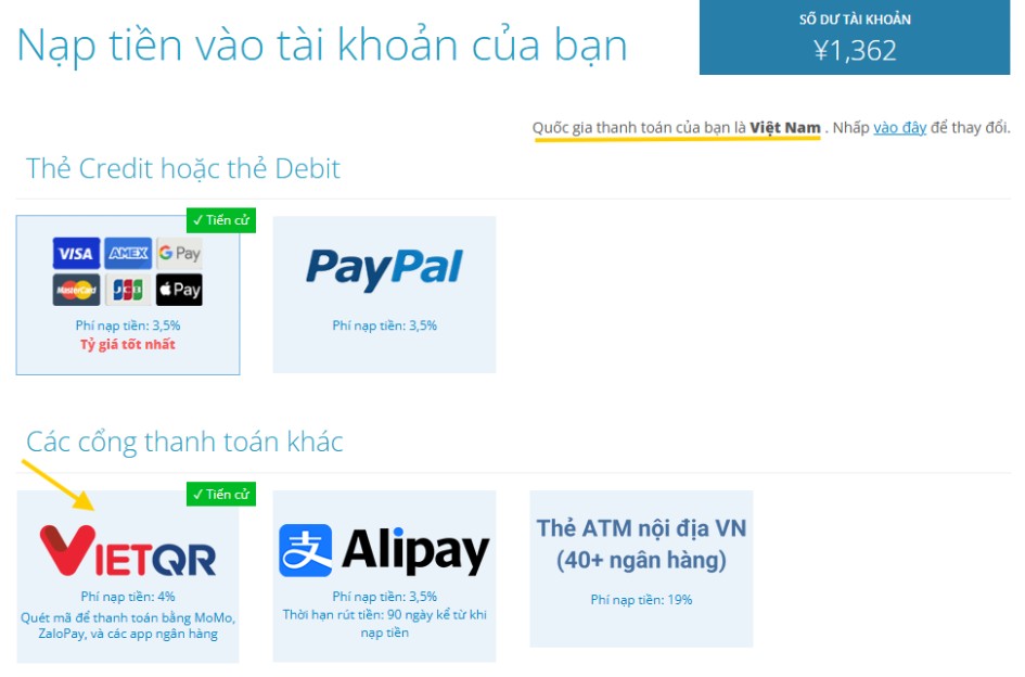 Các hình thức thanh toán cho Việt Nam