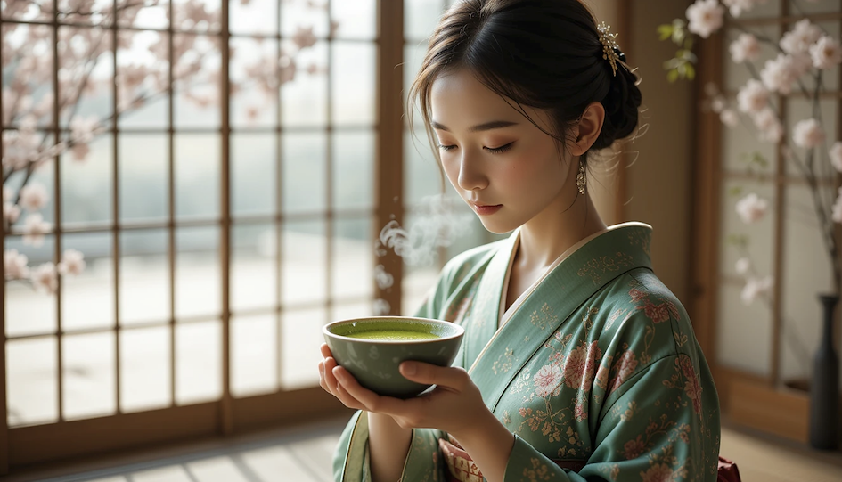 mo&ccedil;a japonesa tomando matcha