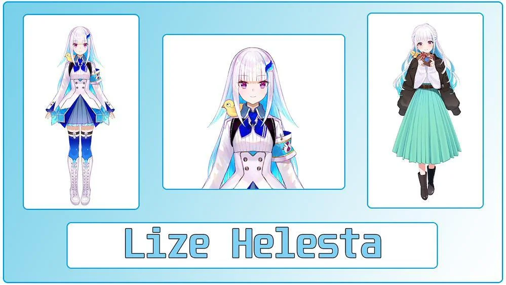 VTuber Lize Helesta, con uniforme azul y atuendo moderno.