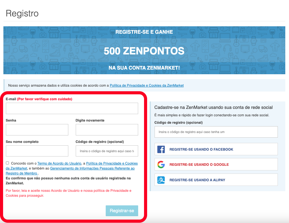 Página de Registro da ZenMarket