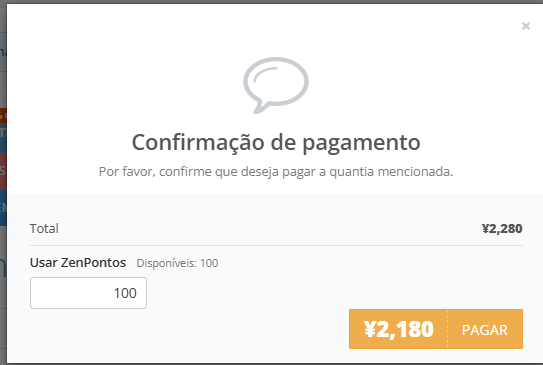 Janela de seleção de ZenPontos para o pagamento de produtos
